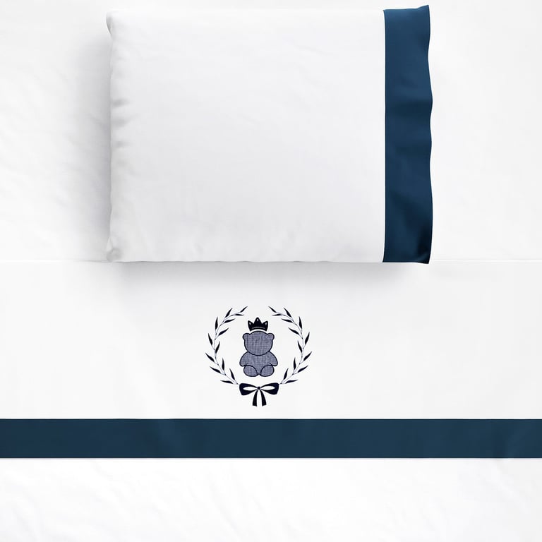 Jogo de Lençol Berço Bordado Ursinho Clássico Azul Marinho 3 peças