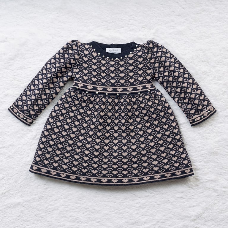 Vestido Tricot Jacquard Petit Coração com Pérolas Rosa