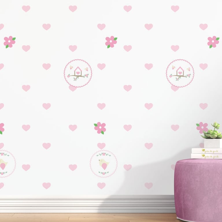 Papel de Parede Passarinho, Casinha e Coração Rosa 3m