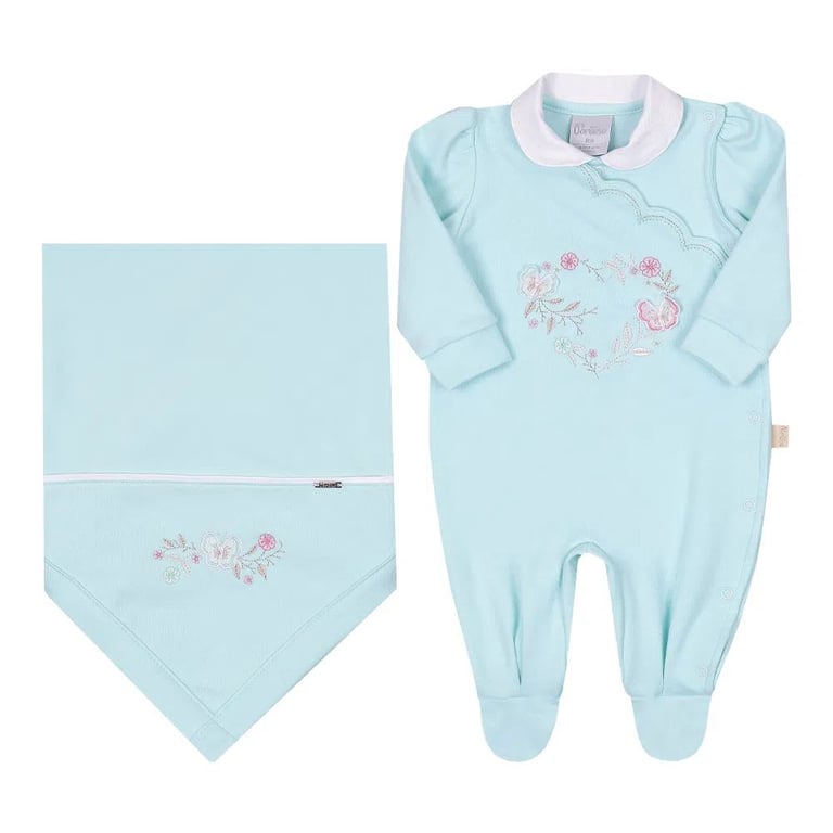 Saída de Maternidade Bebê Paraiso Bordado Floral Coração Verde
