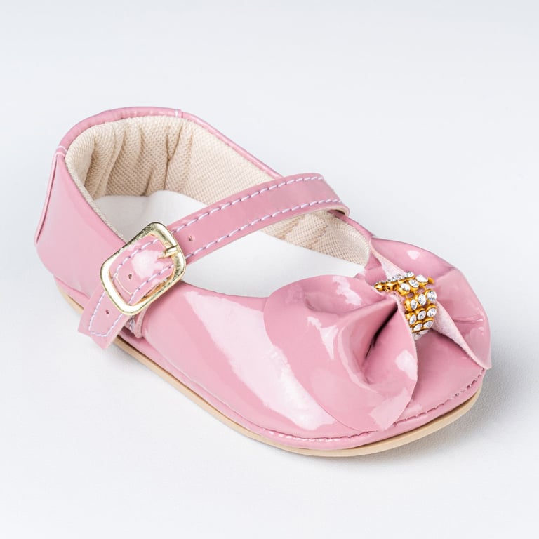 Sapatinho de Bebê Dorothy Laço e Strass Verniz Rosa Tam 17