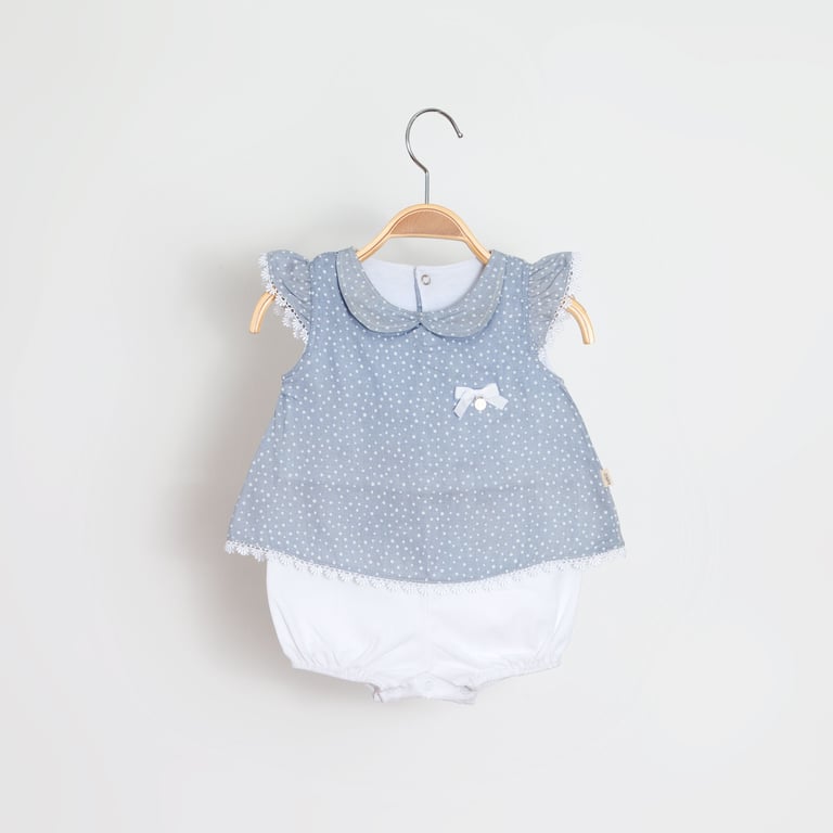 Macaquinho Bebê Blusa Cinza Póa Branco e Laço P