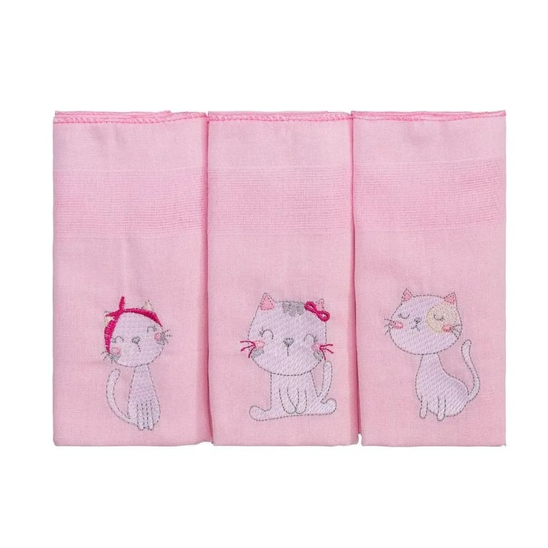 Kit Fralda de Pano Luxo Incomfral Bublim Bordada Gatinha 03 Peças