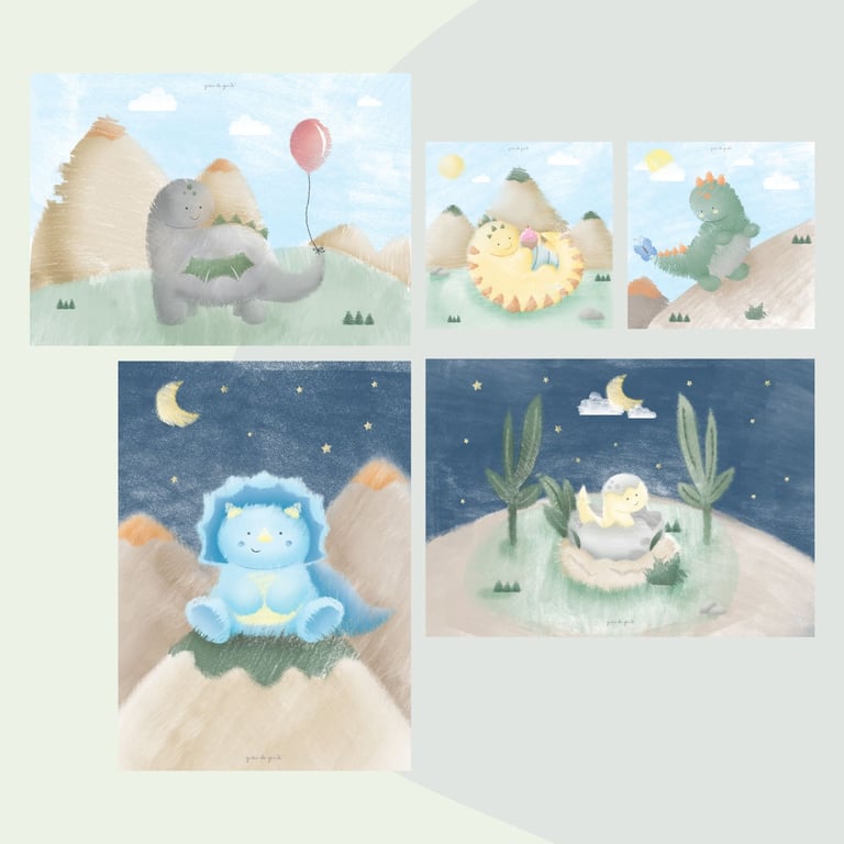 Kit Pôster Adesivo Dinossauros 5 peças