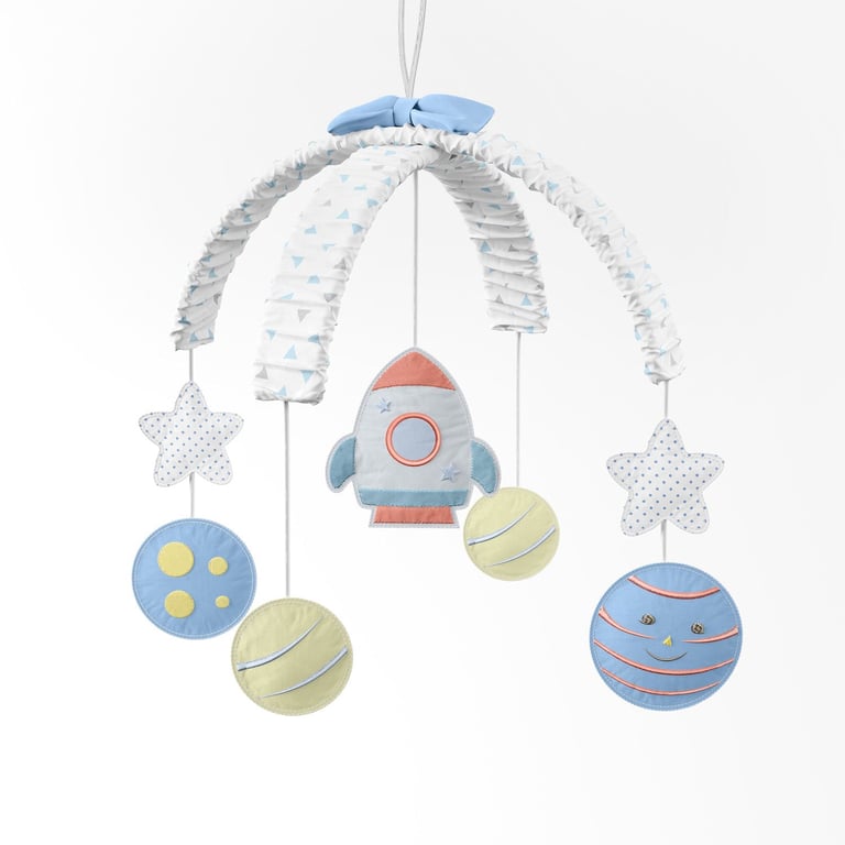 Móbile Foguete e Planetas Patchwork Azul