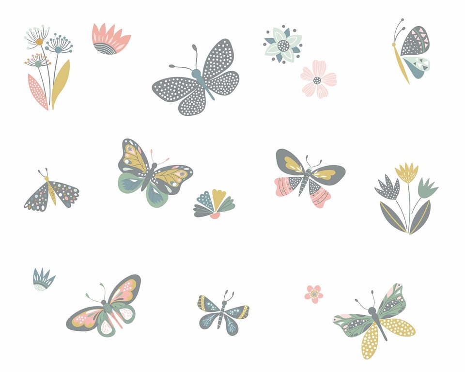 Papel de Parede Borboletas Rosa Antigo e Tons Pastéis