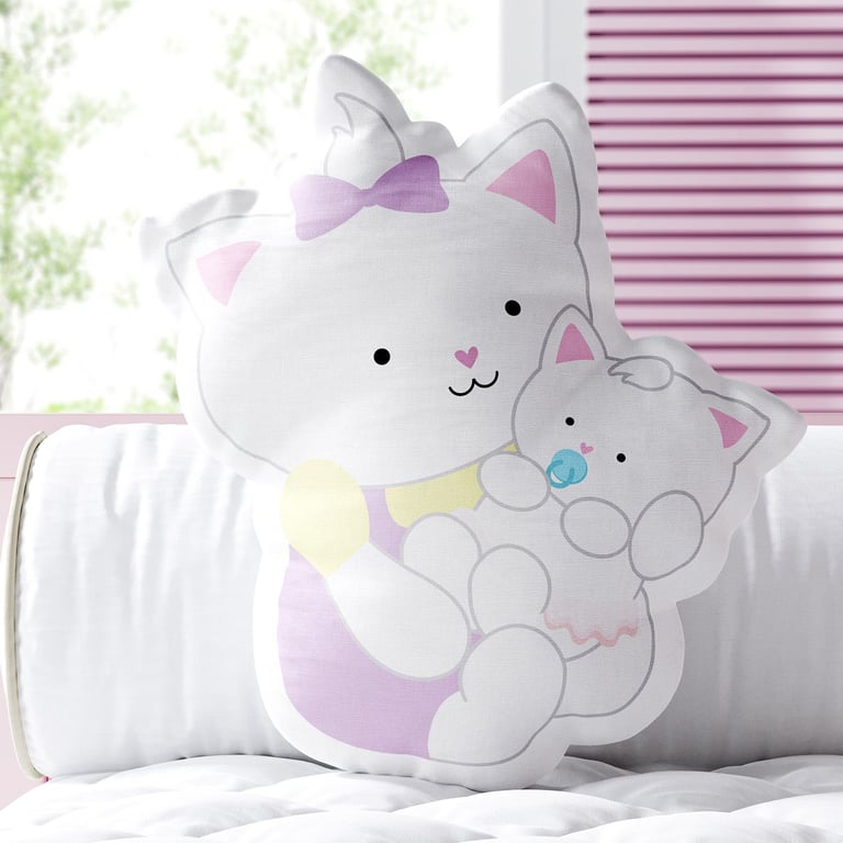 Almofada Bebê e Mamãe Gatinha Rosa 33cm