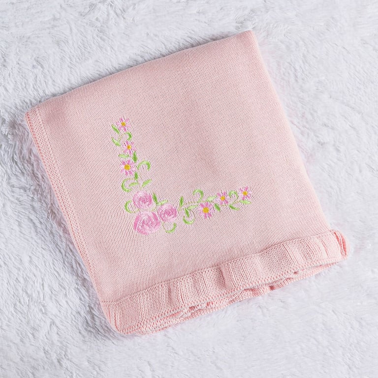 Manta Bebê Tricot Bordada Babado Azul 80cm