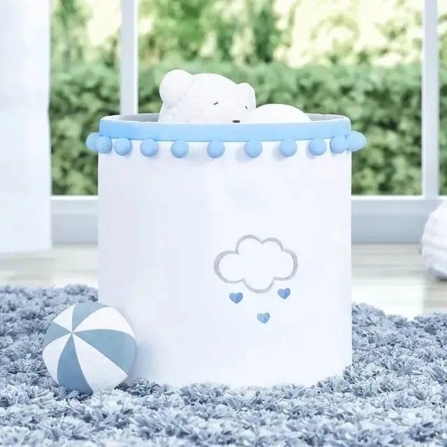 Cesto Organizador para Brinquedos Pompom Chuva de Amor Azul 28cm