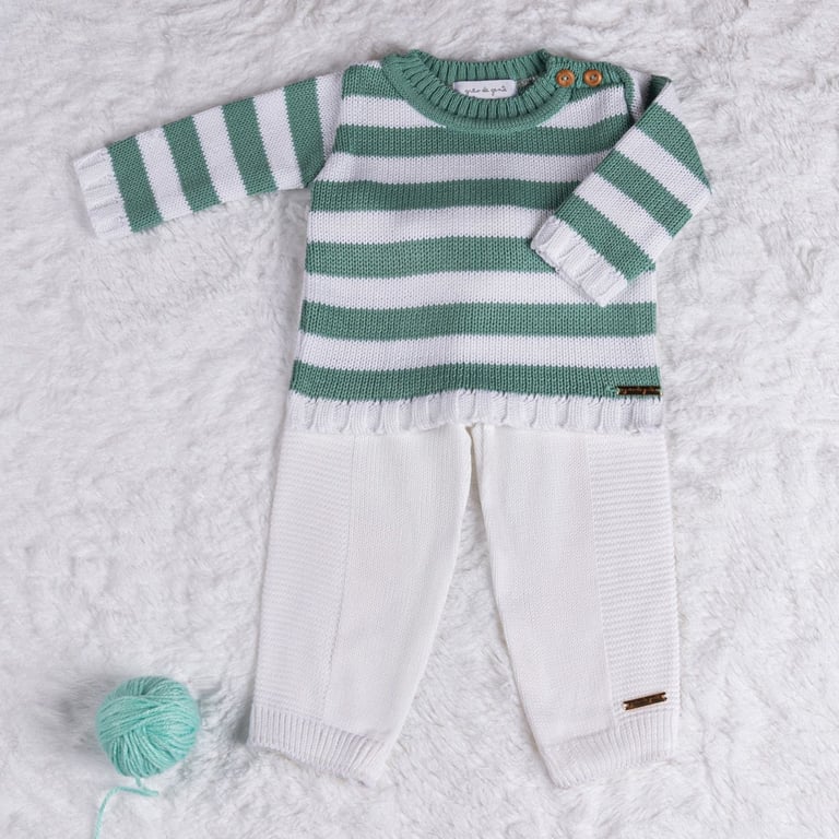 Saída Maternidade Tricot Casaquinho Neutro Chic Verde e Branco 02 Peças