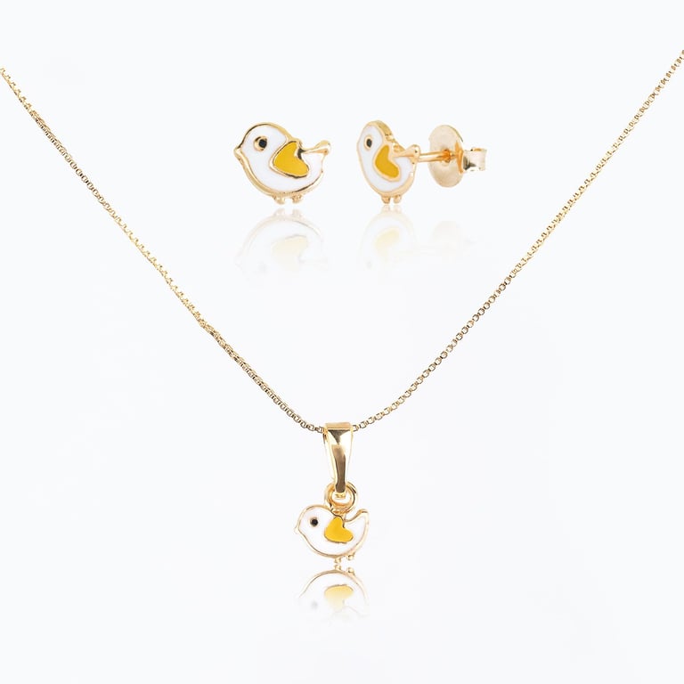 Conjunto Infantil Colar e Brincos Passarinho Ouro