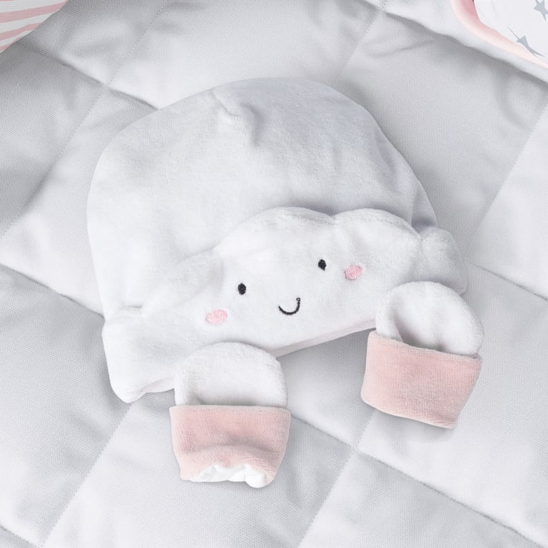 Touca e Luvas para Bebê Nuvem de Algodão Rosa 9 a 12 Meses