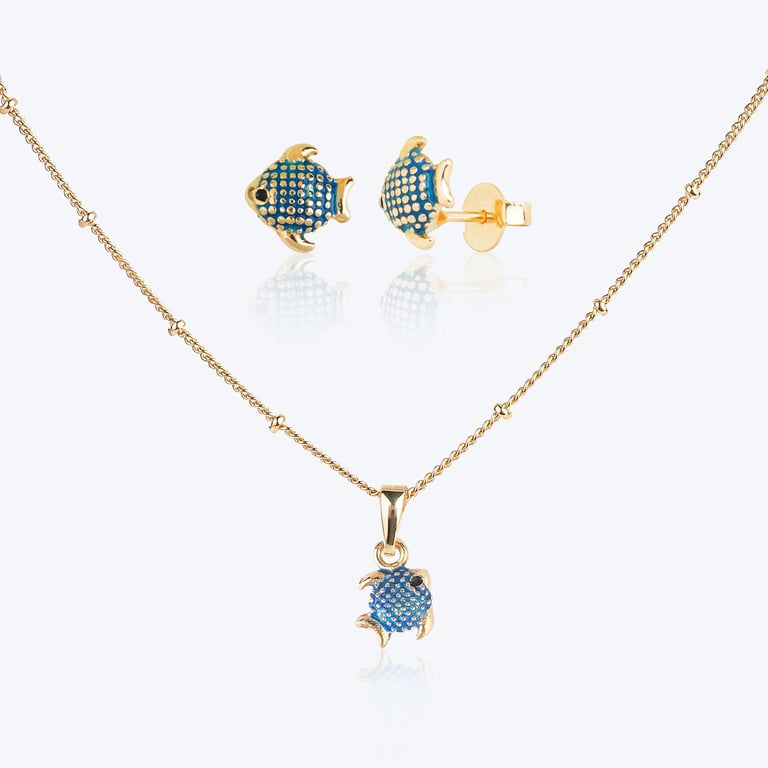 Conjunto Infantil Colar e Brincos Peixinho Azul e Ouro