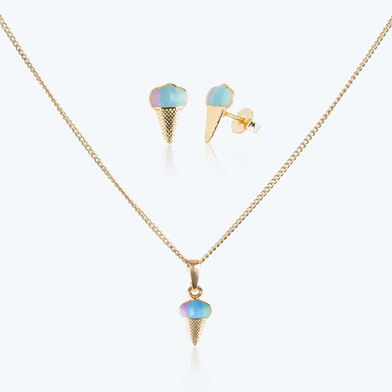 Conjunto Infantil Colar e Brincos Sorvetinho Colorido Ouro