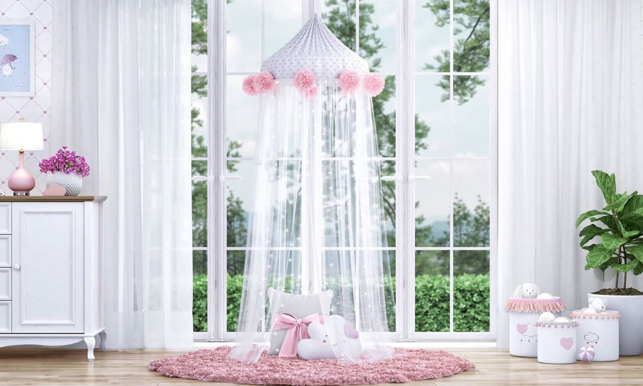 Tenda Dossel Tule e Renda Corações Rosa 2m