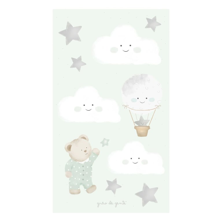 Adesivos de Parede Ursinho, Balão, Nuvens e Estrelas Verde