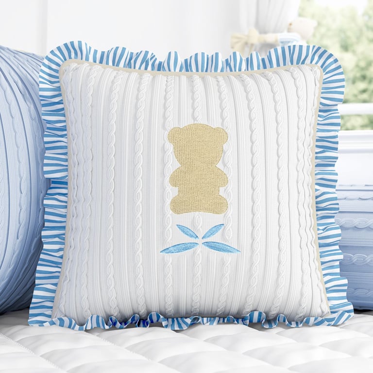 Almofada Urso Tricot Luxo Azul com Babado 38cm
