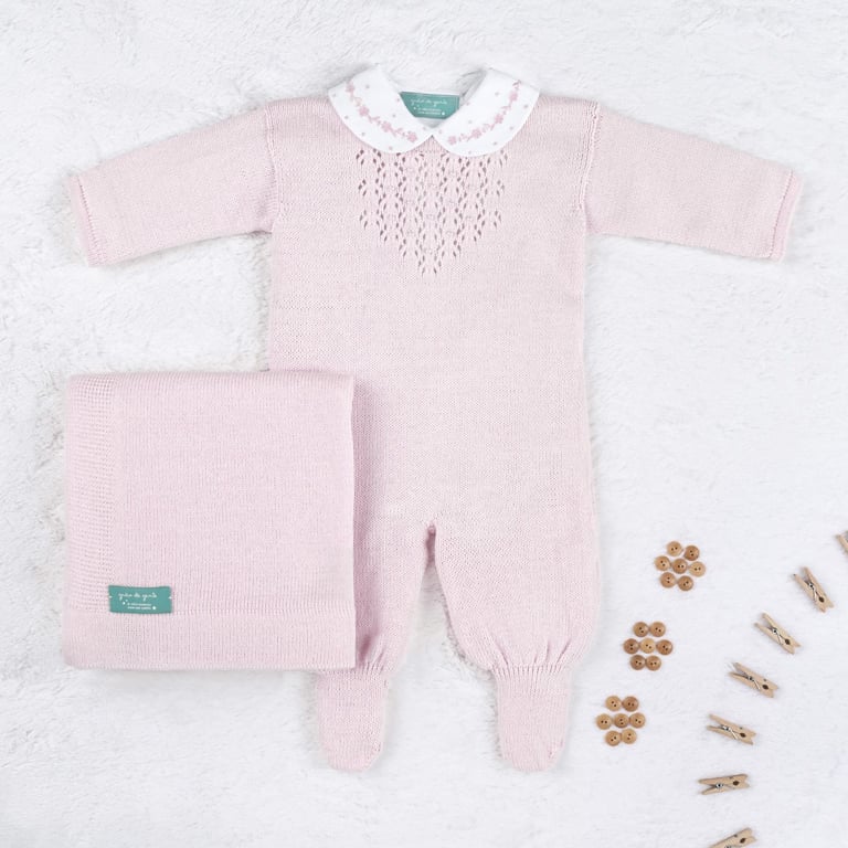 Saída Maternidade Tricot Marselha com Pérola Rosa 03 Peças