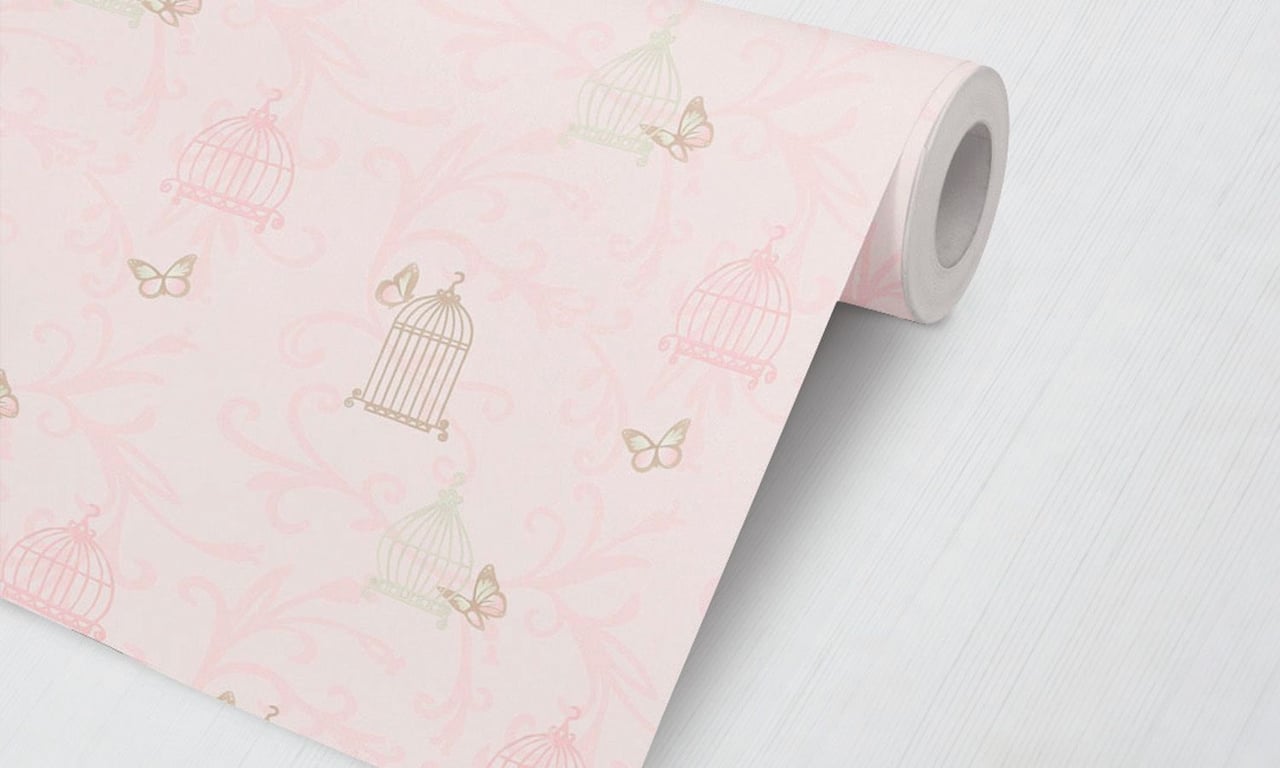 Papel de Parede Arabesco, Gaiola e Borboleta Rosa 3M