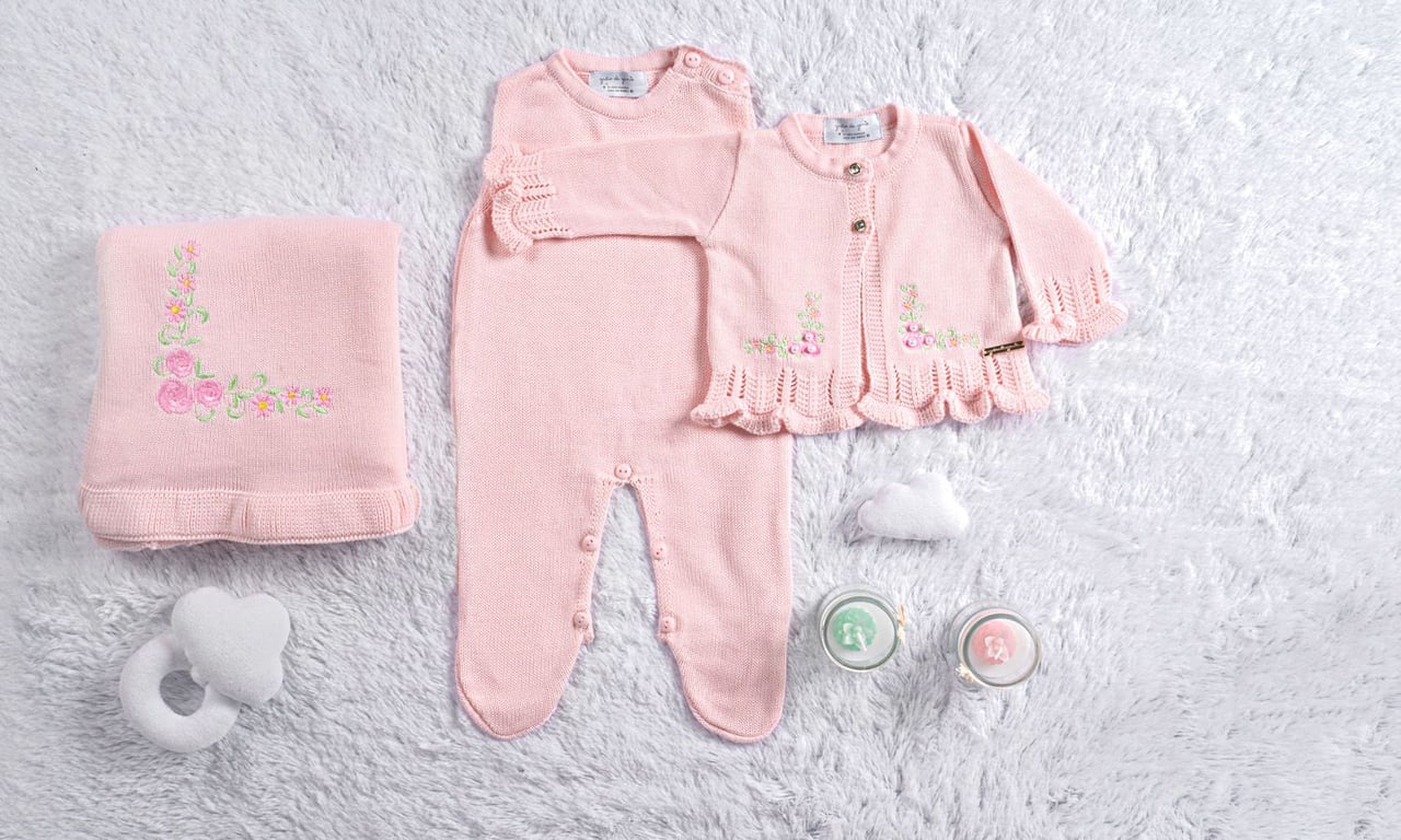 Saída Maternidade Tricot Casaquinho Bordado Rosa 03 Peças
