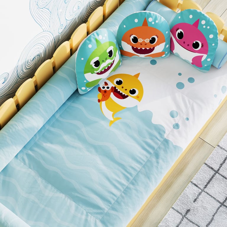 Edredom de Mini Cama Baby Shark Branco e Azul