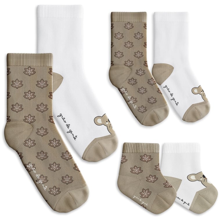 Kit Meia Tal Pai Tal Filhos Trocapé Coala e Folhas Café com Leite 6 Pares Tam 13/20, 25/28 e 39/43