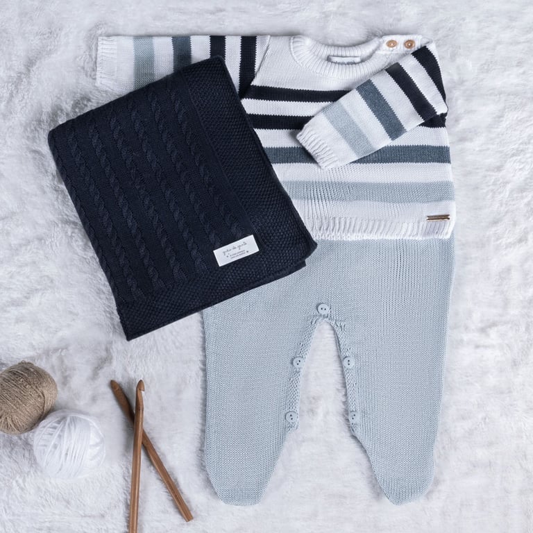 Saída Maternidade Tricot Degradê Listrado Azul Marinho 03 Peças