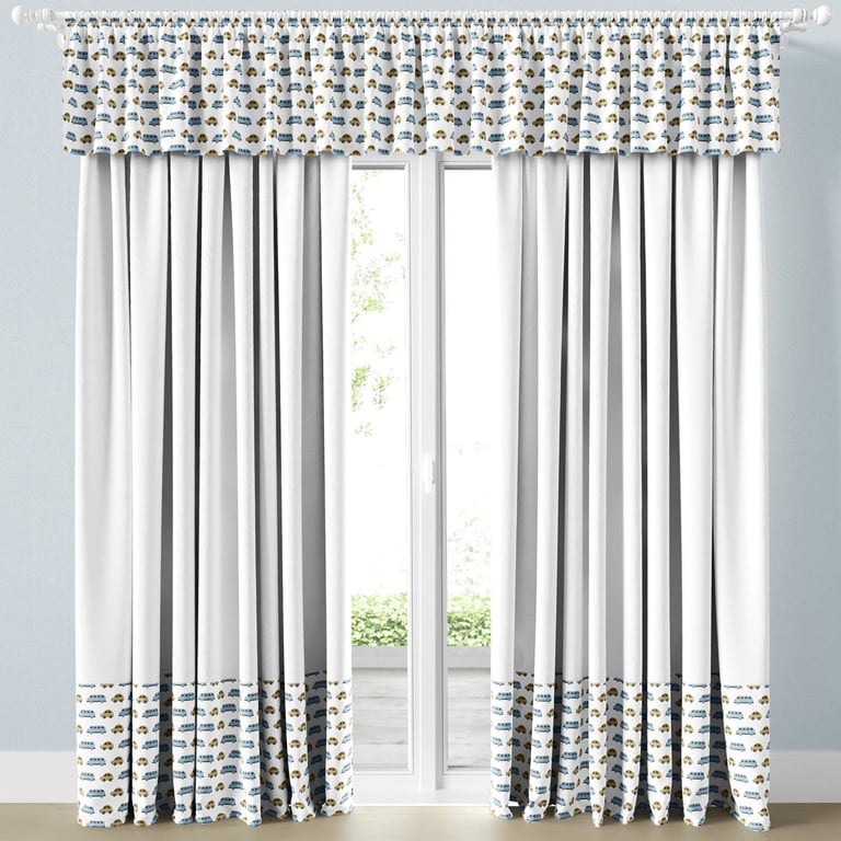 Cortina Infantil e Bebê Carrinhos Azul e Bege