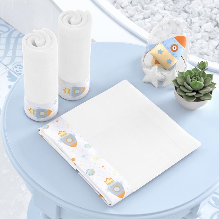 Jogo de Fraldas Ombro Barra Astronauta Patchwork Azul com 3