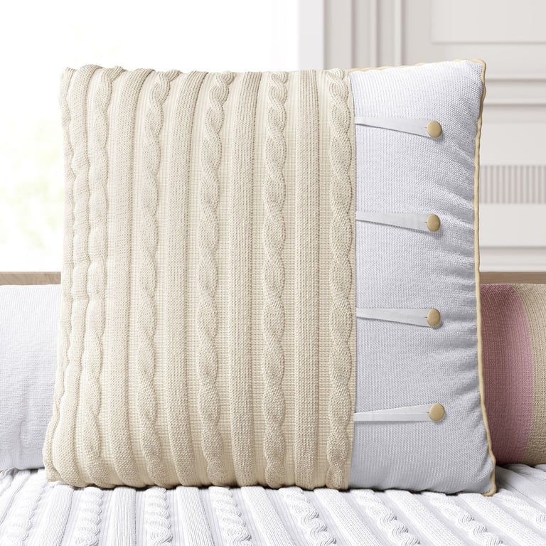 Almofada Quadrada Tricot Botão Bege 38CM