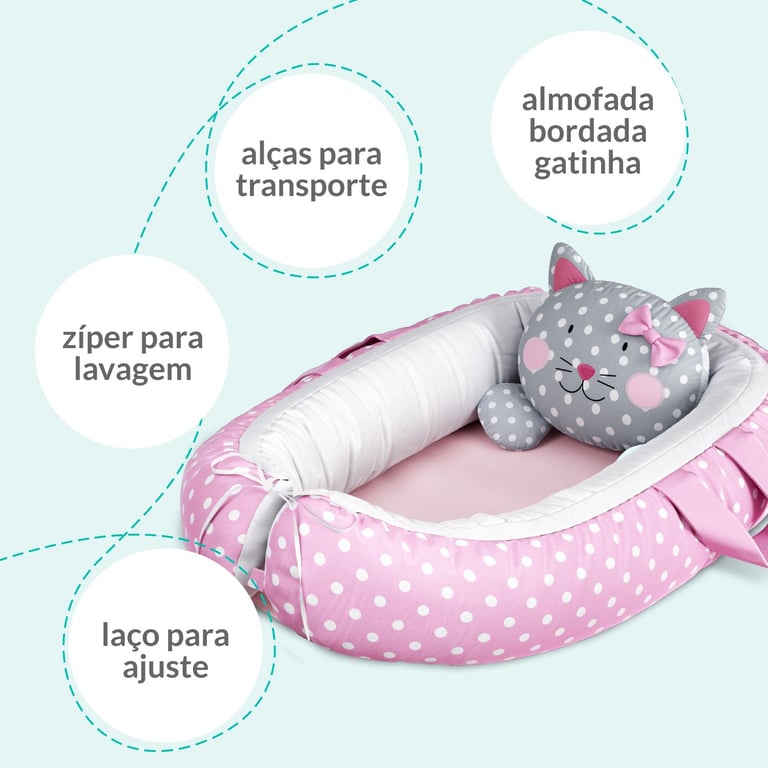 Ninho para Bebê Redutor de Berço Amiguinha Gatinha Rosa 75cm