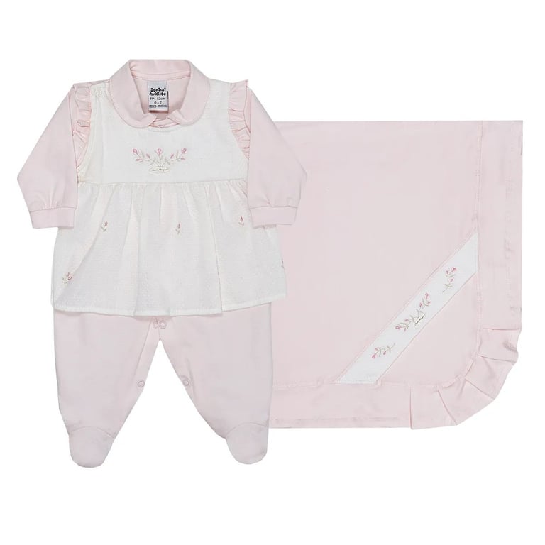 Saída De Maternidade Sonho Mágico Bordado Flores 2 Peças