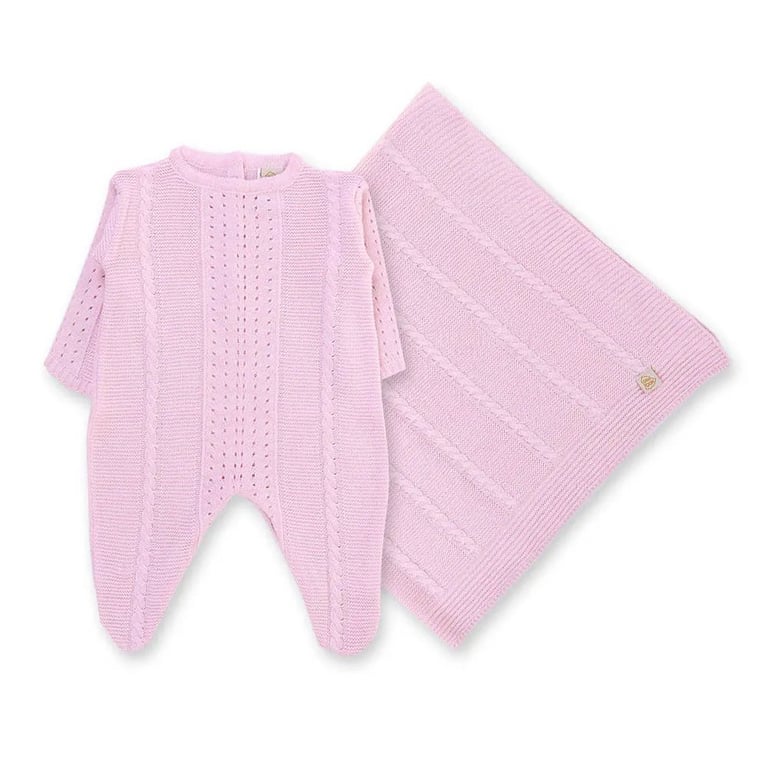 Saída de Maternidade Din Don Detalhe Trança e Furinhos Rosa Claro