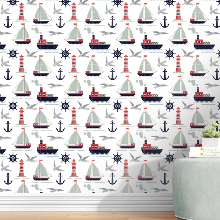 Papel de Parede Marinheiro Azul Marinho e Vermelho 3m