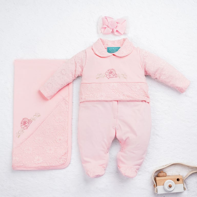 Saída Maternidade Renda Delicada Rosa 03 Peças