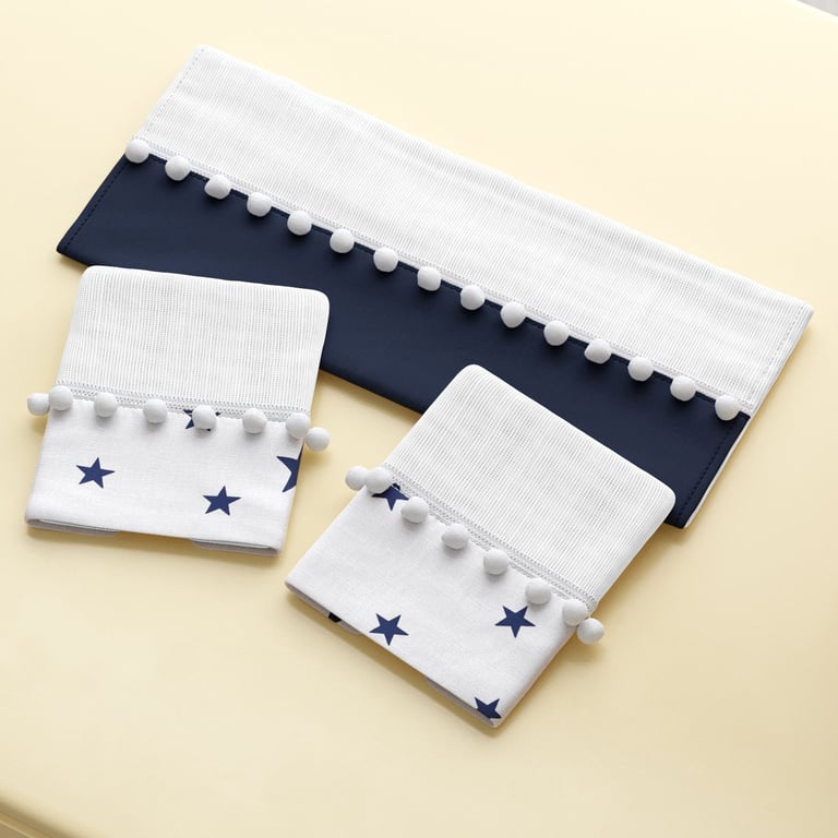 Jogo de Fraldas de Boca Barra Estrelinhas Azul Marinho com Pompom