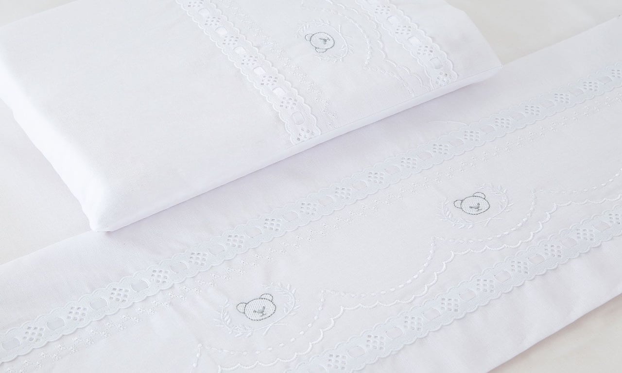 Jogo de Lençol Berço Bordado Ursinho Real Branco 3 Peças