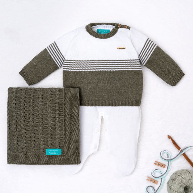 Saída Maternidade Tricot Listra Azul Jeans 3 Peças