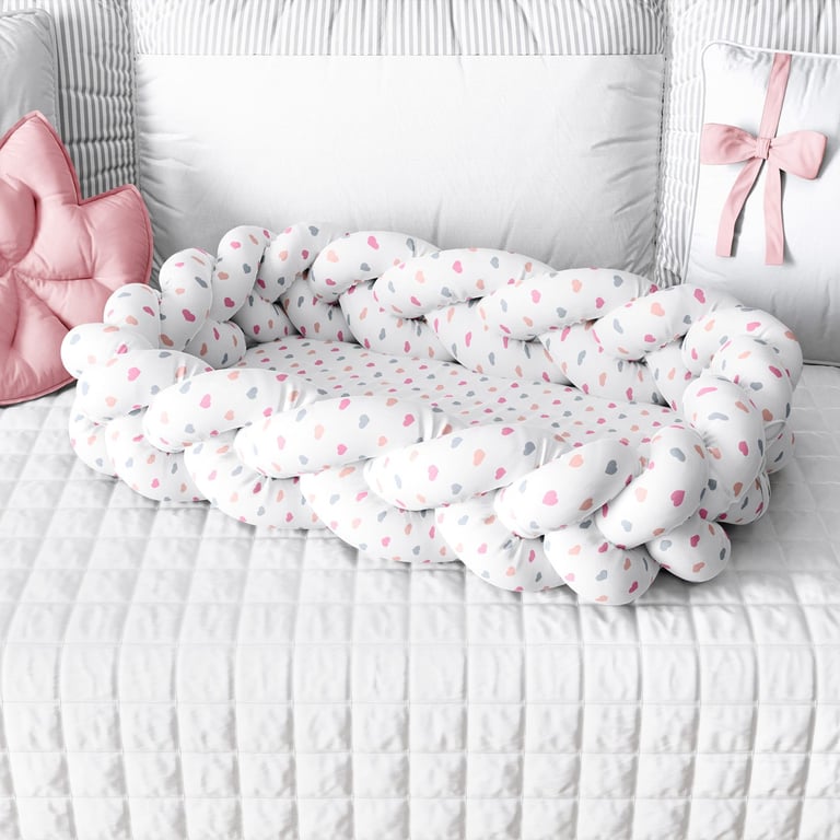 Ninho para Bebê Trança com Mosquiteiro Corações Rosa 80cm
