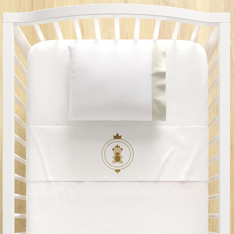 Jogo de Lençol Berço Bordado Urso Teddy Realeza Azul Marinho 3 peças