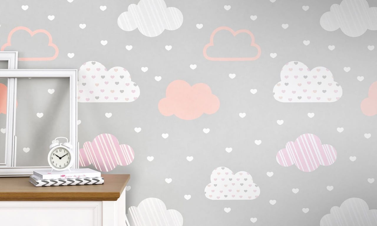 Papel de Parede Chuva de Amor Cinza/Rosa 3m