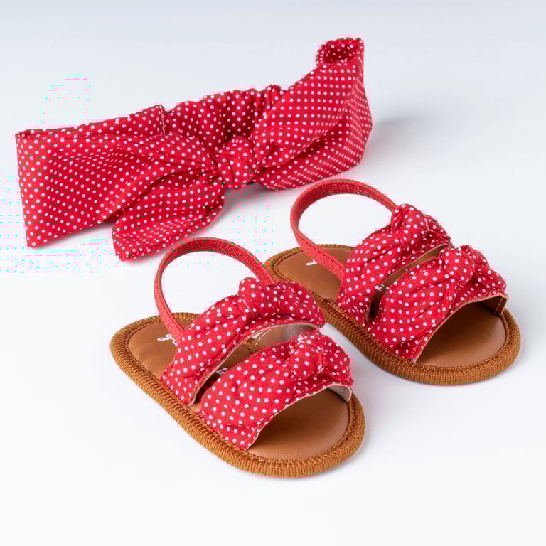 Sandália de Bebê com Faixa de Cabelo Nózinho Poá Vermelho Tam 18