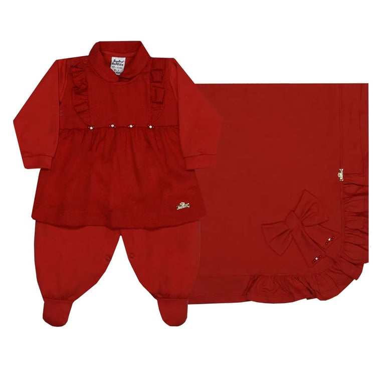 Saída De Maternidade Sonho Mágico Vermelho Babados Na Pala 2 Peças