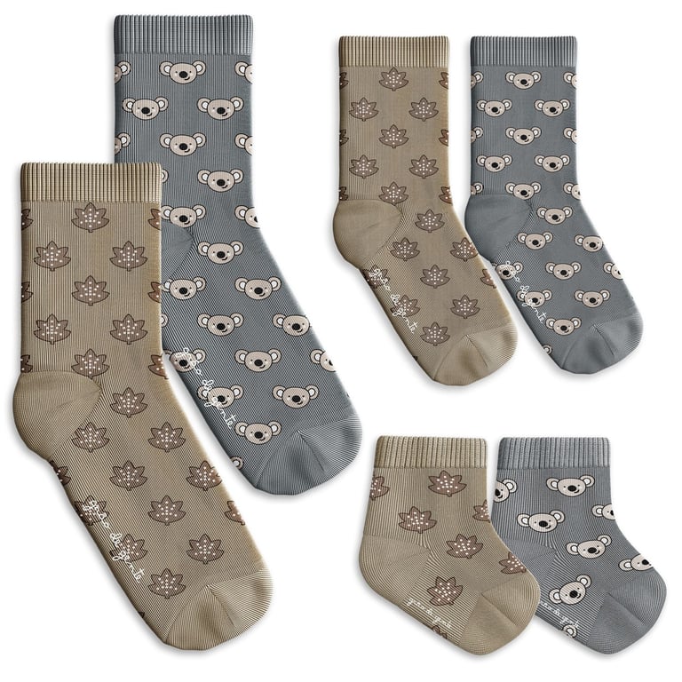 Kit Meia Tal Pai Tal Filhos Trocapé Coala e Folhas Cinza 6 Pares Tam 13/20, 25/28 e 39/43