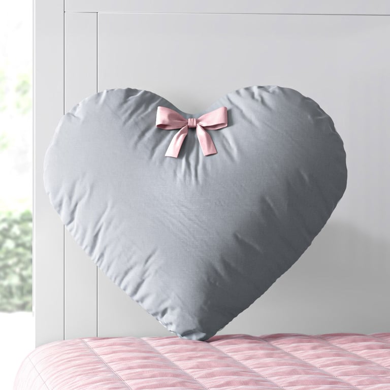 Almofada Coração Lacinho Cinza e Rosa 28cm