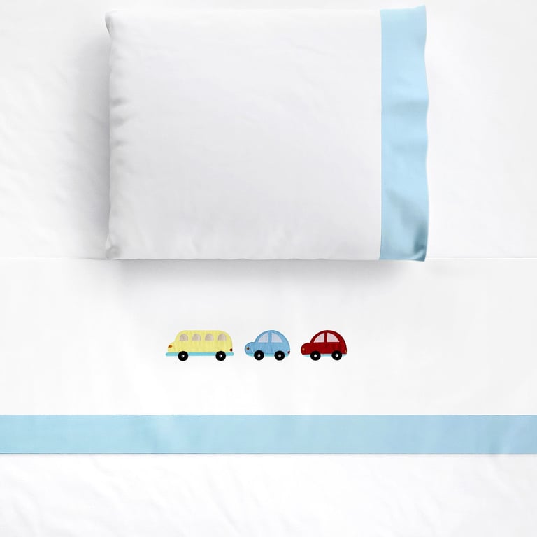 Jogo de Lençol Berço Bordado Carrinhos Azul Bebê 3 Peças