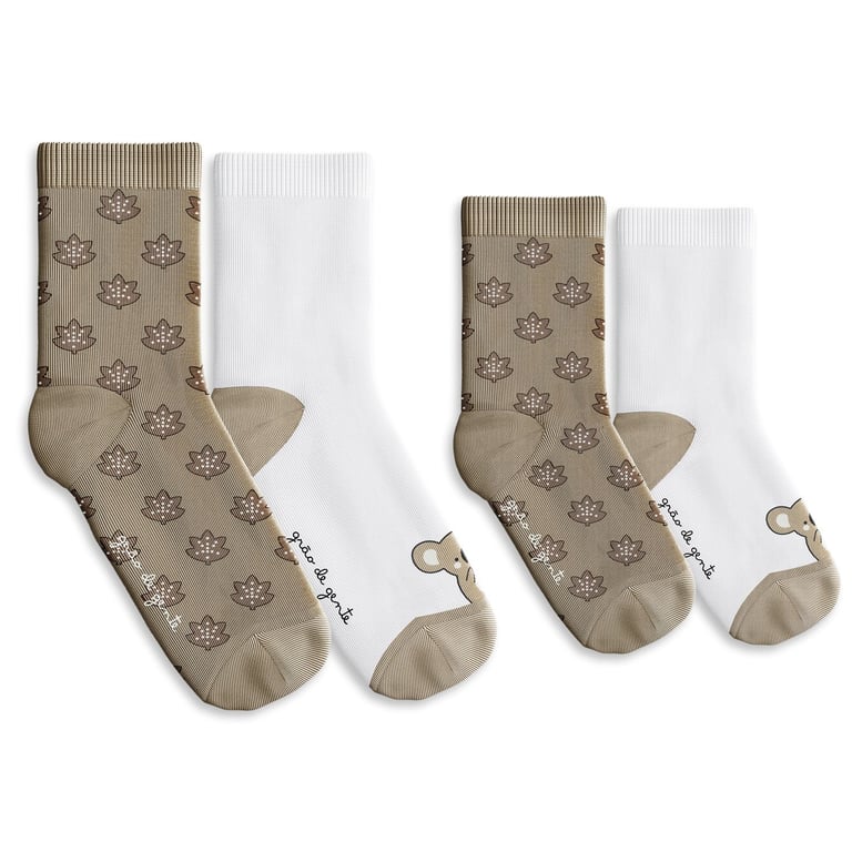 Kit Meia Bebê Tal Pai Tal Filho Trocapé Coala e Folhas Café com Leite 4 Pares Tam 13 ao 20 e 39 ao 43