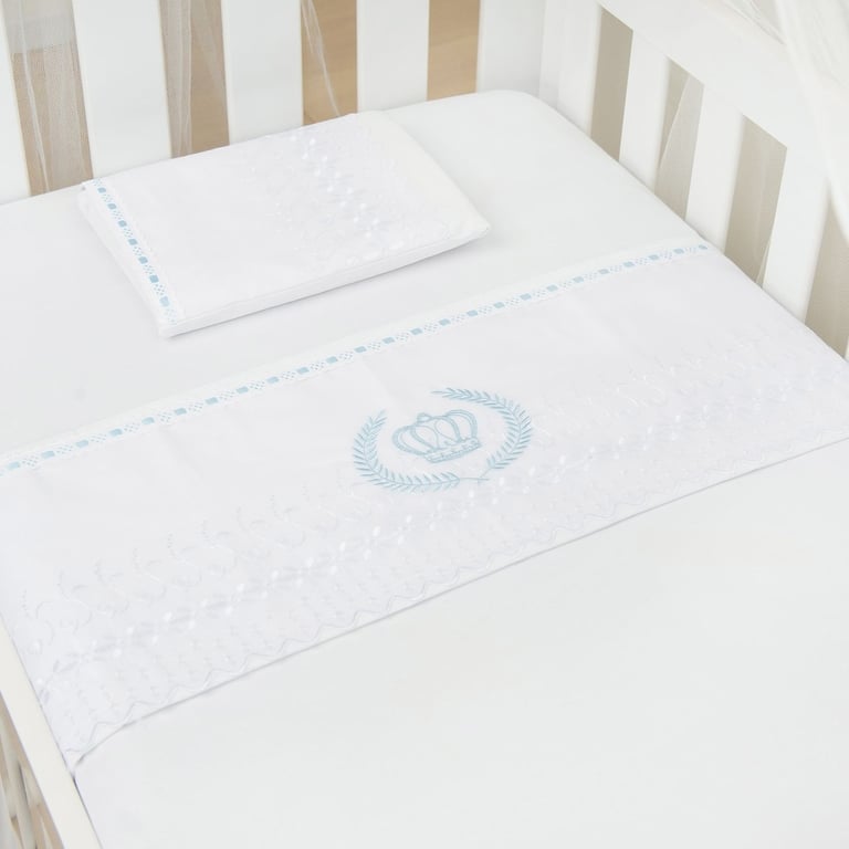 Jogo de Lençol Berço Bordado Príncipe Azul e Branco 3 Peças