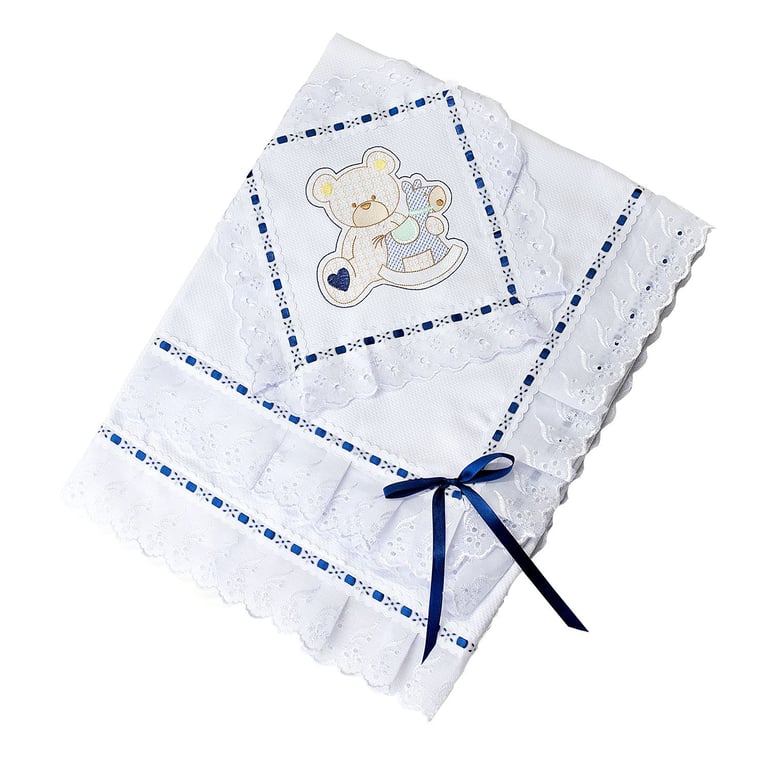 Manta Piquet Bordado Urso com Cavalinho Azul Marinho 75cm