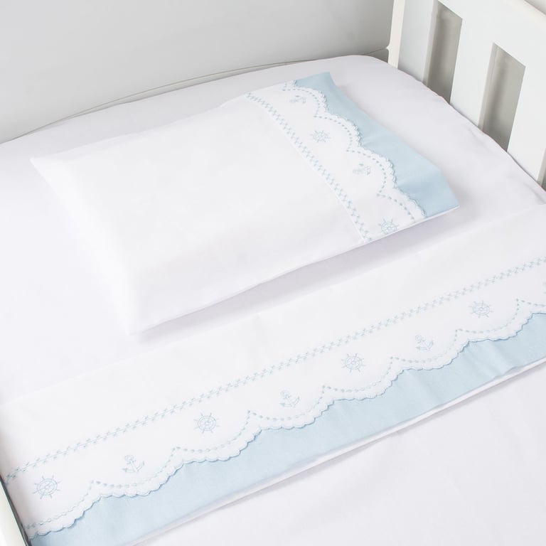 Jogo de Lençol Berço Bordado Leme Azul 3 Peças